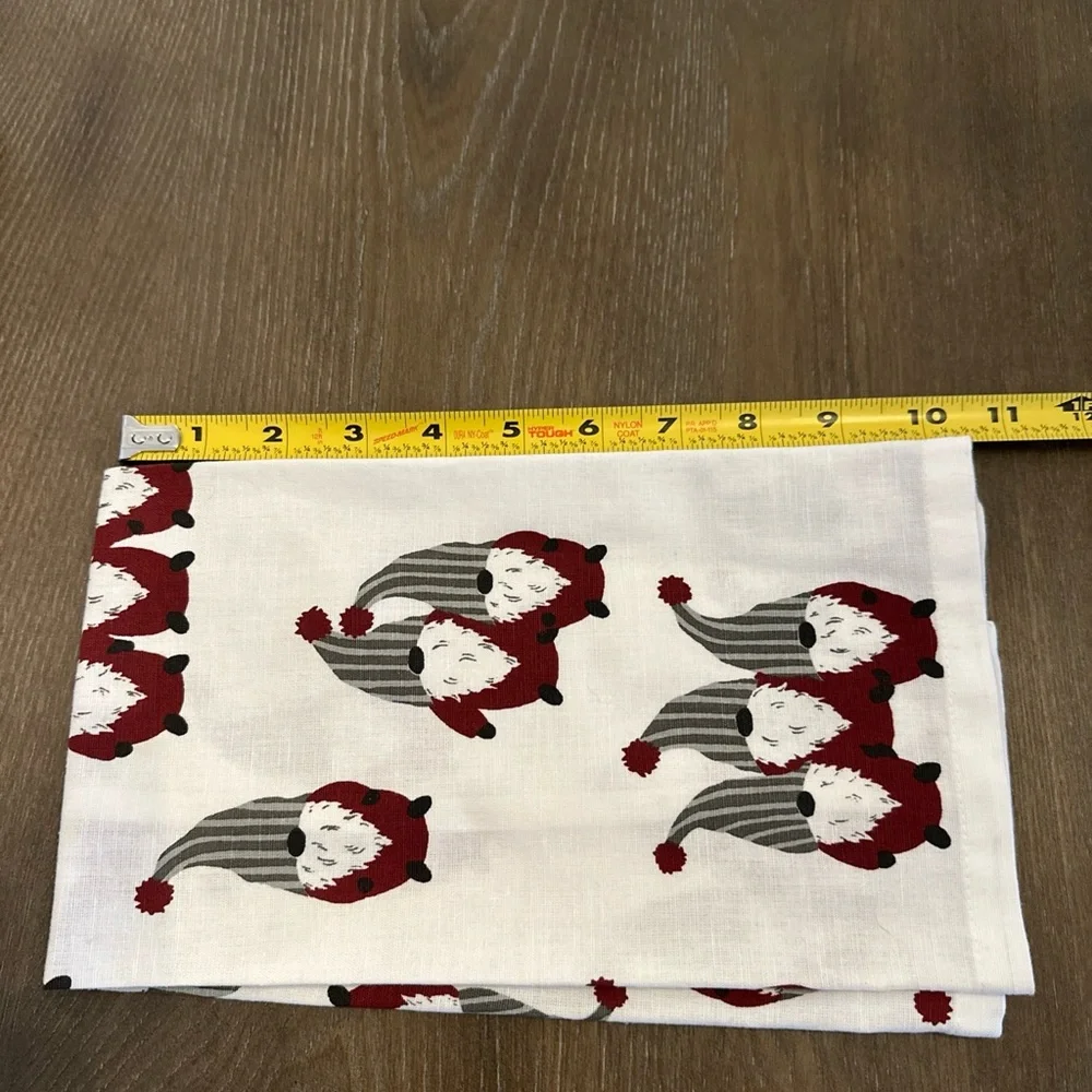 Pottery Barn White Tea Towels with Red & Gray Gnome Embroidery